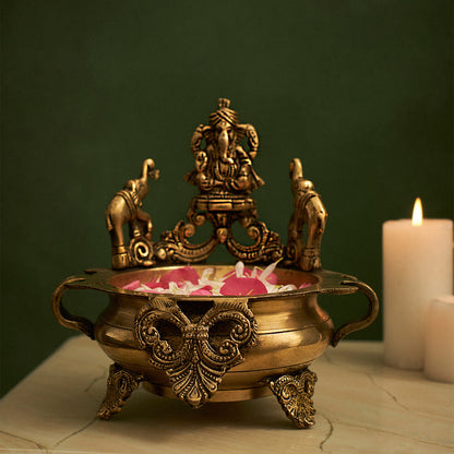 Traditional Decorative Ganesh Brass Urli Bowl with Elepahant Design