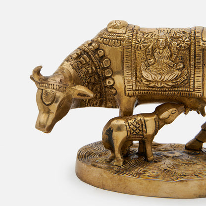 Brass Kamdhenu Cow and Calf Idol Figurine Home Decor Showpiece