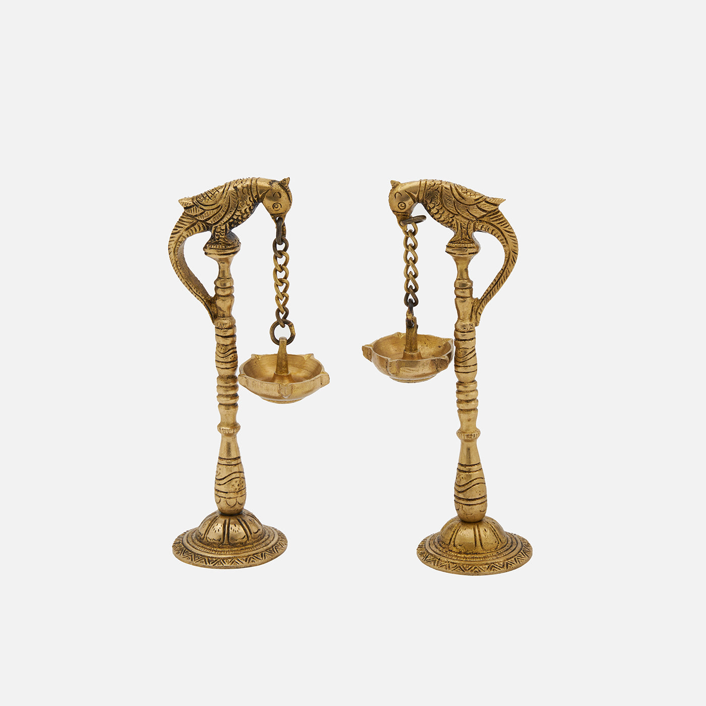 Vintage Brass Parrots With Hanging Oil & Wick Lamps On Chain - Pair