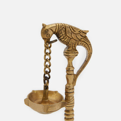 Vintage Brass Parrots With Hanging Oil & Wick Lamps On Chain - Pair