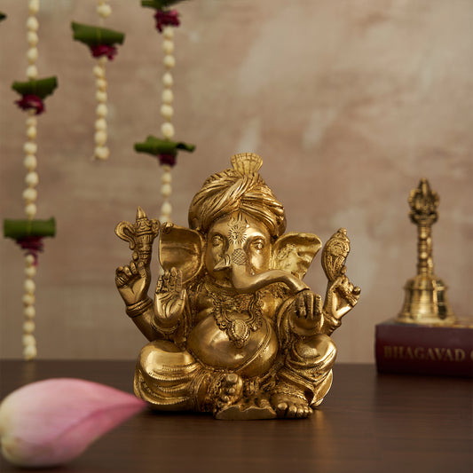 Brass Lord Pagdi Ganesha Statue/Idol For Home Temple & Office