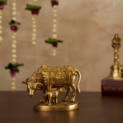 Brass Kamdhenu Cow and Calf Idol Figurine Home Decor Showpiece