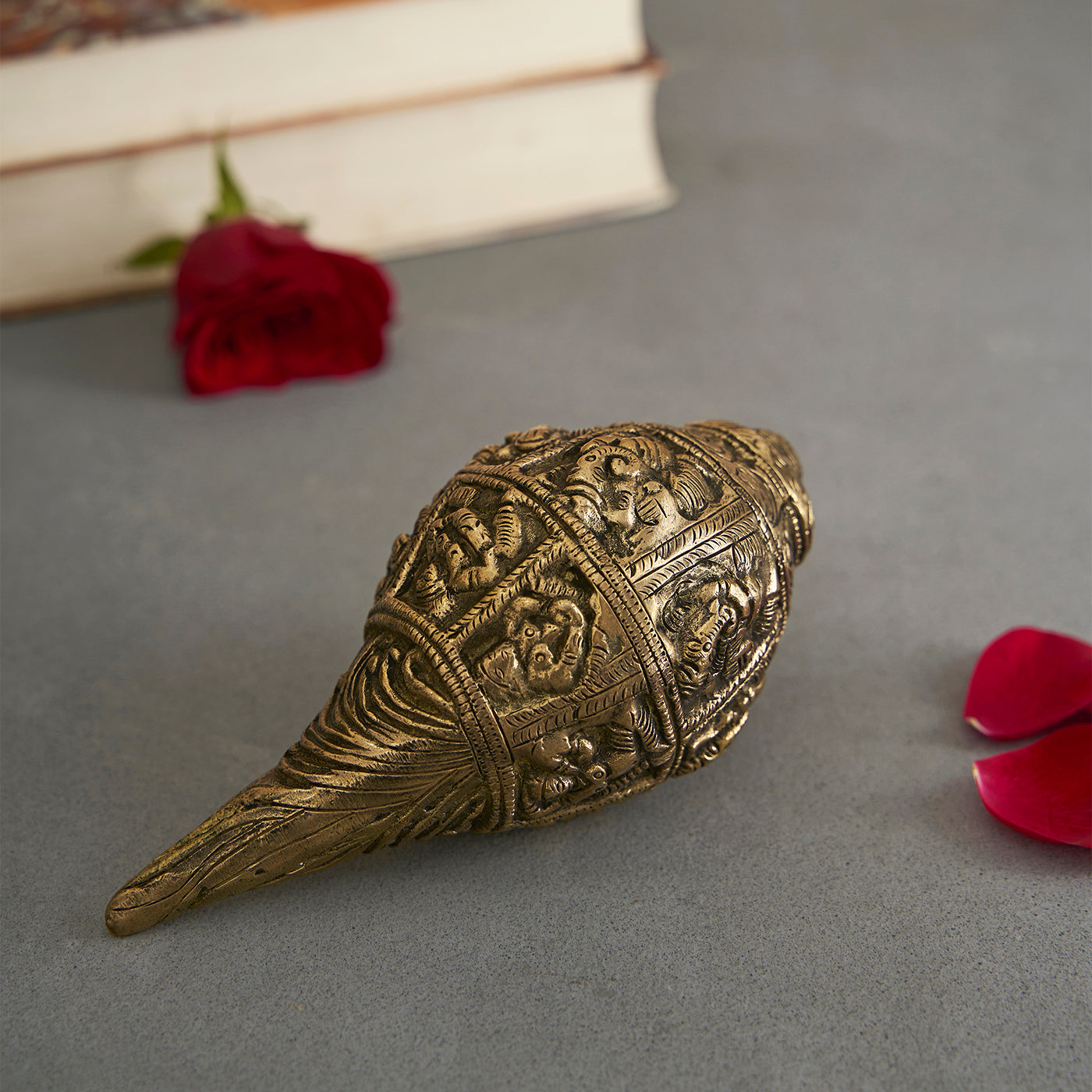 Vedic Ethnic Golden Brass Shankh With Ganesh Carving
