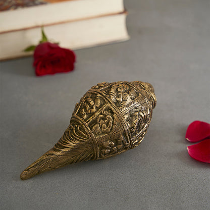 Vedic Ethnic Golden Brass Shankh With Ganesh Carving