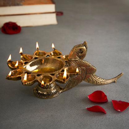 Brass Parrot Bird Design 11 Oil Wick Aarti Diya with Decorative Handle