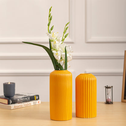 Rippled yellow Ceramic Vase Set of 2