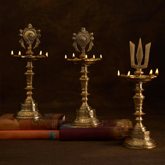 Brass Shank Chakra Namah Diya Lamp Stand Vilakku (Set of 3)