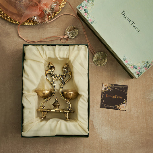 Peacock Design Twin Oil Wick Brass Diya With Gift Box