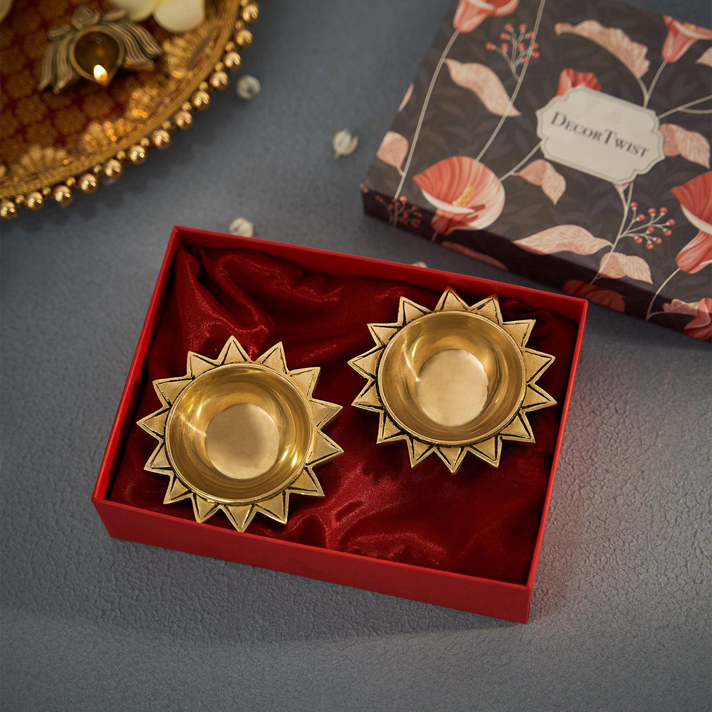 Brass Tapas Diya With Decorative Base Set of 2 With Gift Box