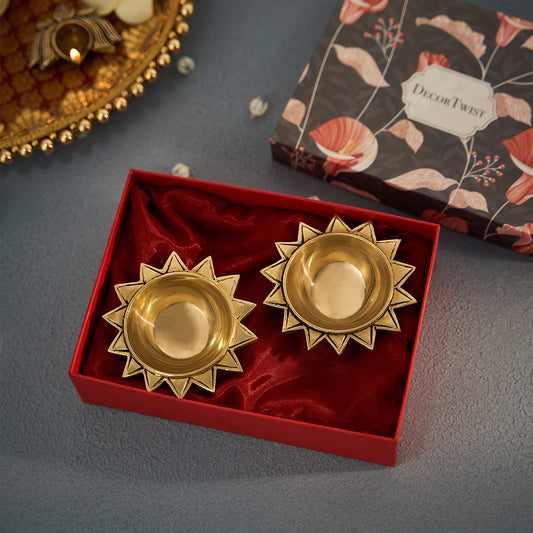 Brass Tapas Diya With Decorative Base Set of 2 With Gift Box