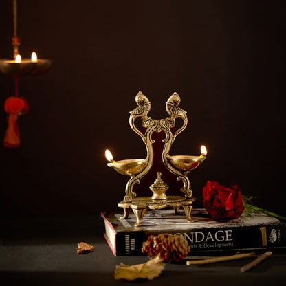Peacock Design Twin Oil Wick Brass Diya With Gift Box