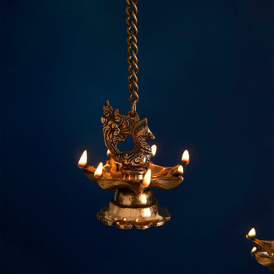 Brass Peacock Carved Hanging Diya