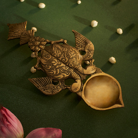 Brass Oil Lamp With Twin Peacock Bird Handle