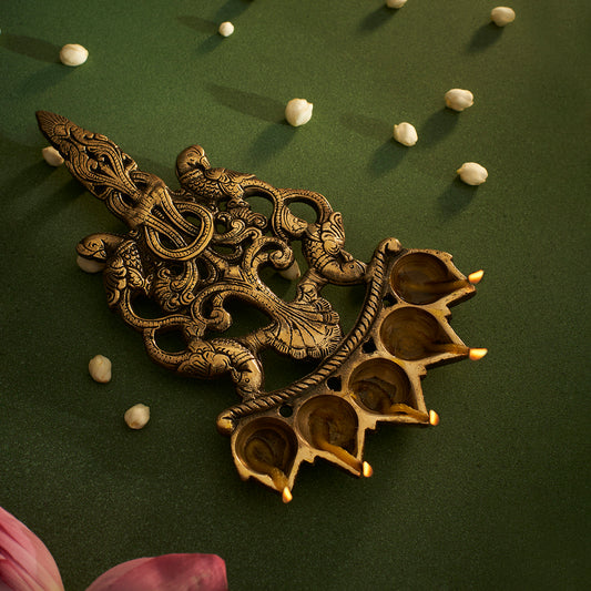 Brass Pancha Deepam Peacock Oil Diya/Lamp With Handle