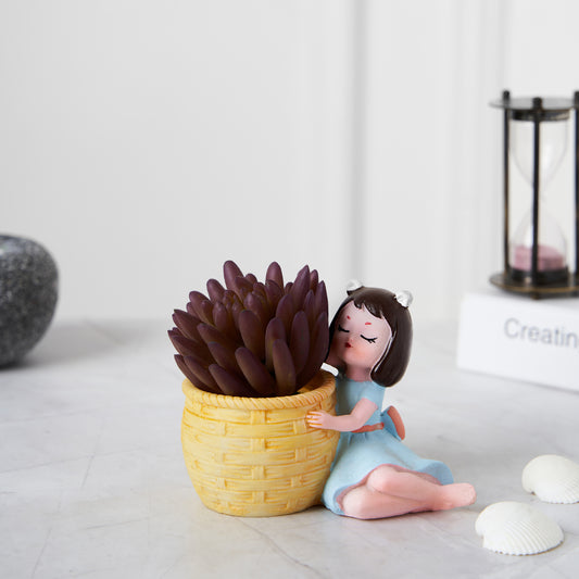 Cute Lovely Girl Basket Succulent Planter For  Home Garden Office Desktop