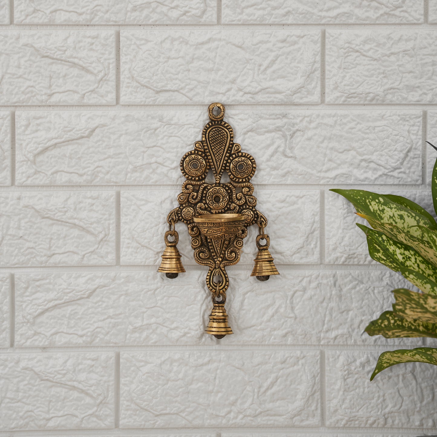 Brass Wall Fixed Hanging Diya With Bells